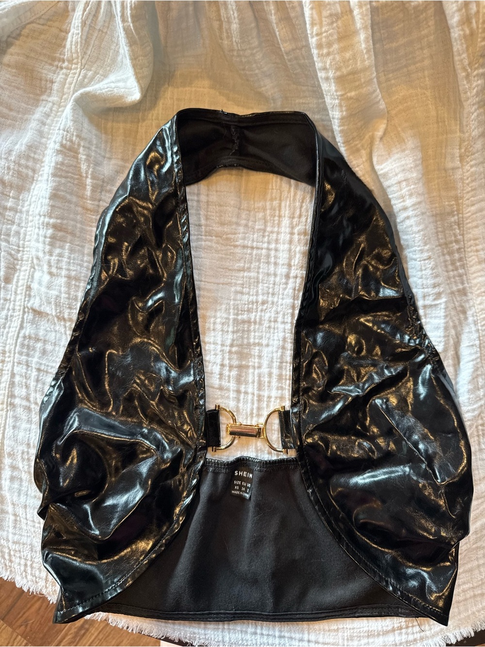 Y2K Black Faux Leather Halter Top Gold Hardware Clubwear